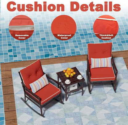 Curated Design Outdoor Rocking Chairs 3 Pieces Patio Conversation Front Porch Furniture, Wicker Rocking Chairs Bistro Set wit