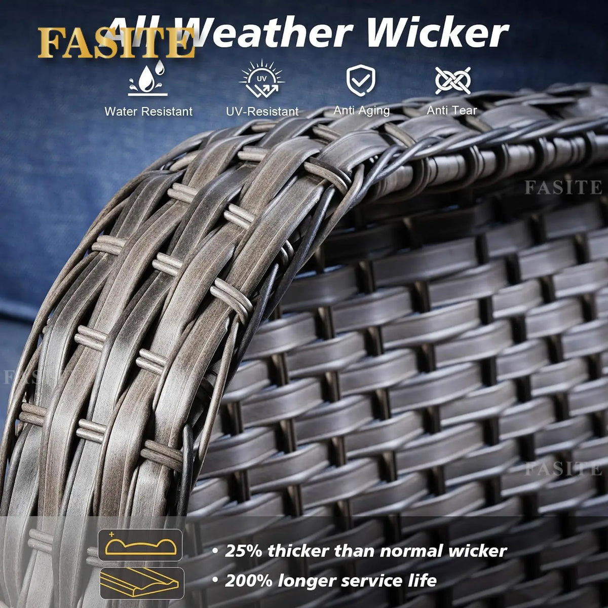 50,000 BTU Rectangular Propane Fire Pit Table 7-Piece High-Back Conversation Sofa and Matching Side Table,Grey Rattan Denim Blue