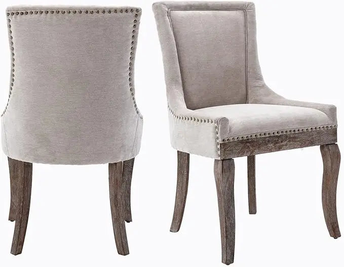 Fabric Upholstered Side Chairs Set of 2, Solid Wood Kitchen Dining Room Chairs with Nailheads Legs (Fabric Beige)