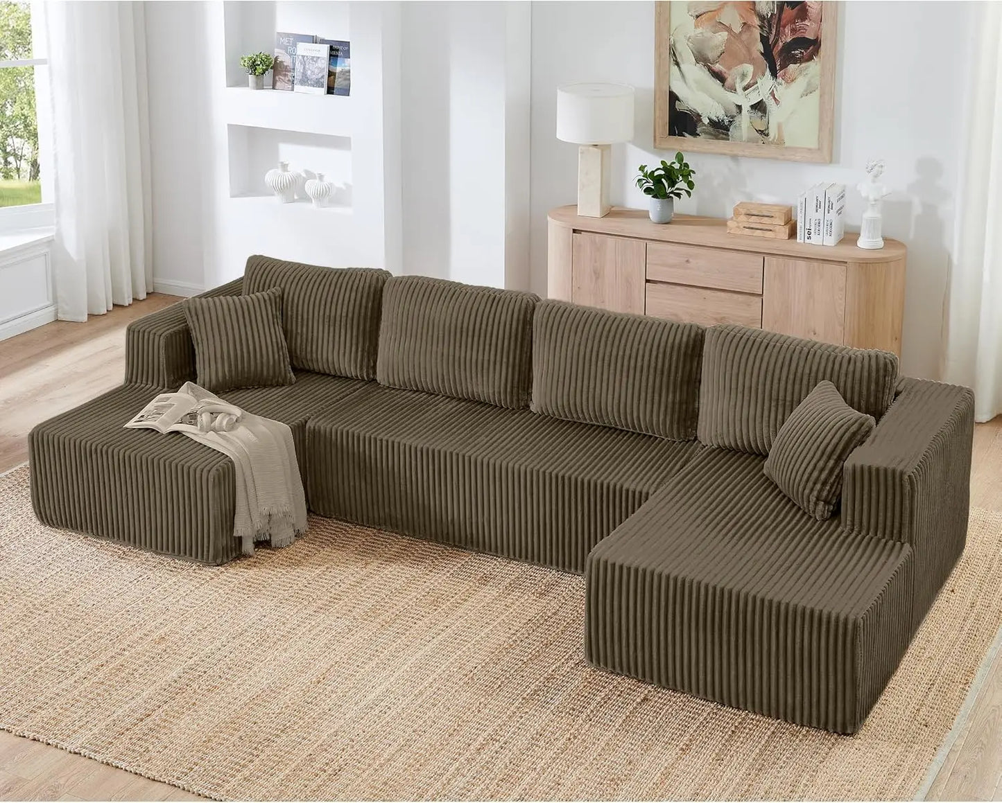 Comfy Boneless Sectionals For Living Room, Plush Corduroy Couch With Comfy Chaise Lounge, U Shaped Sectionals Foam Couches