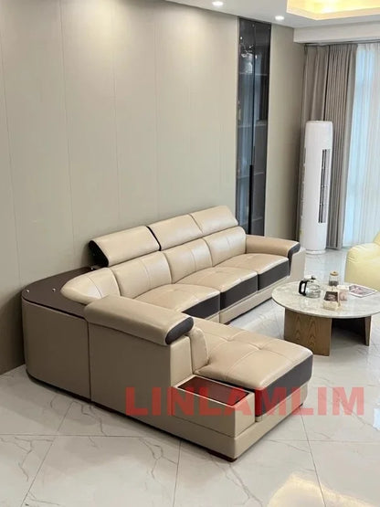 MINGDIBAO Modern Minimalist Genuine Leather Sectional Sofa with Console, Storage and Speaker Italian Leather Living Room Couch