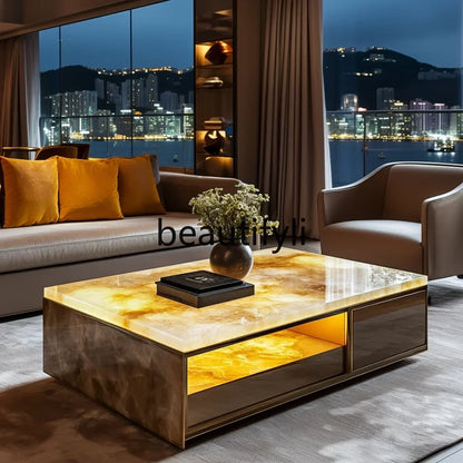 11Customized square modern luminous jade coffee table living room design large flat luxury stone villa marble home