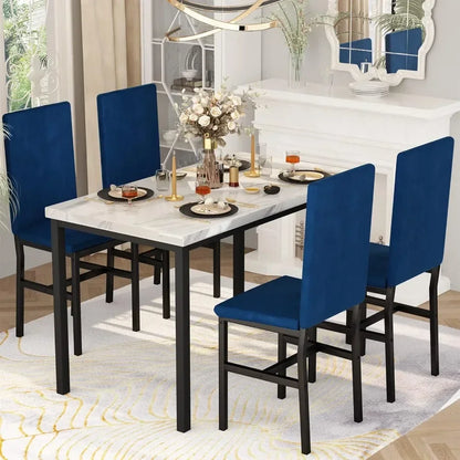 # Hot Sales Dining Table Set For 4- Space And Chairs For 4 Modern Style Faux Marble Tabletop & 4 Blue Velvet Chairs For Dining R
