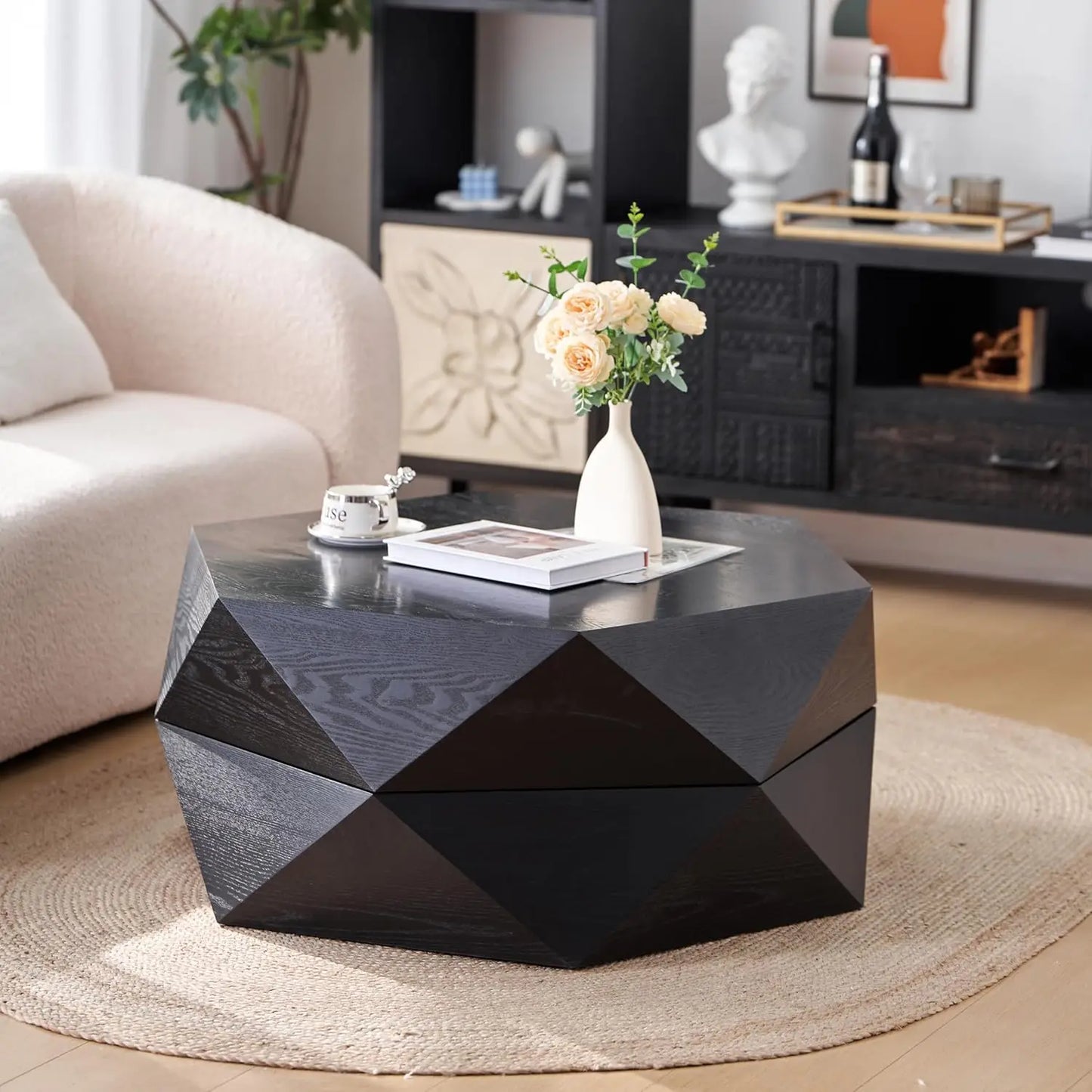 38" Modern Farmhouse Coffee Table, Drum Coffee Table for Office, Dining Room and Living Room, Nature, Customized