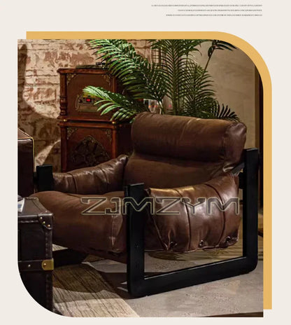 Oil Wax Leather Single Chair Casual Home Sofa Lounge Chairs, Retro Removable Washable Sofa All Solid Metal Base