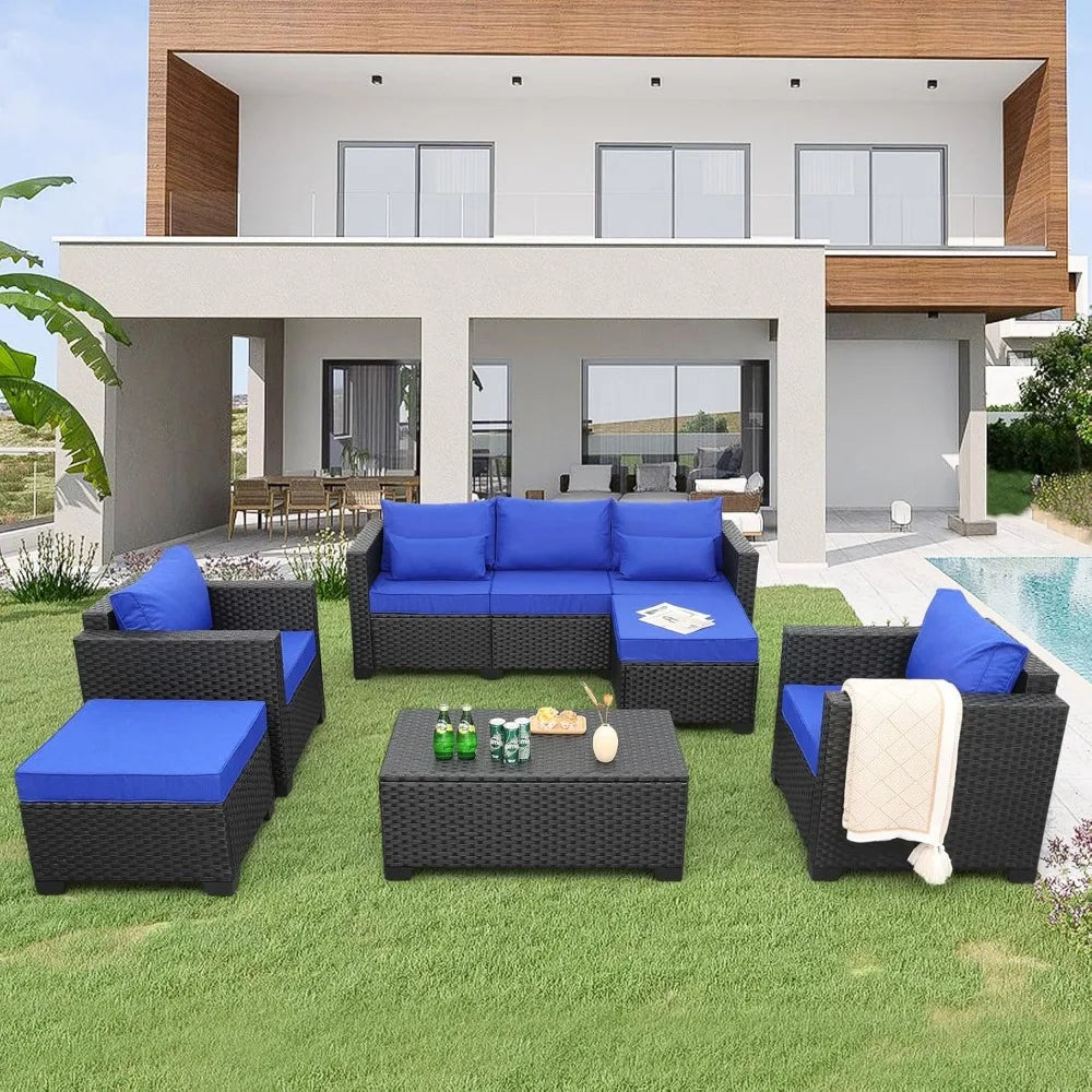 Outdoor Patio Wicker Furniture Set with 6 Pieces, PE Rattan, Conversation Couch, Sectional Sofa, Royal Blue Cushions