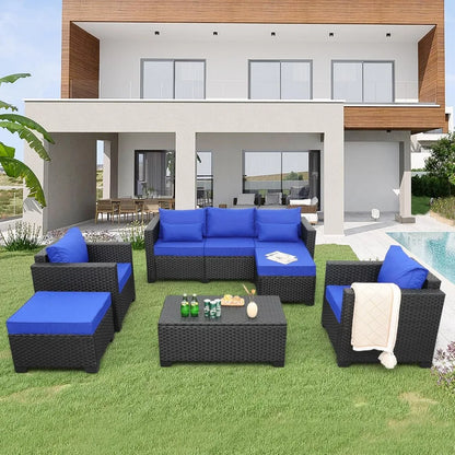 Outdoor Patio Wicker Furniture Set with 6 Pieces, PE Rattan, Conversation Couch, Sectional Sofa, Royal Blue Cushions