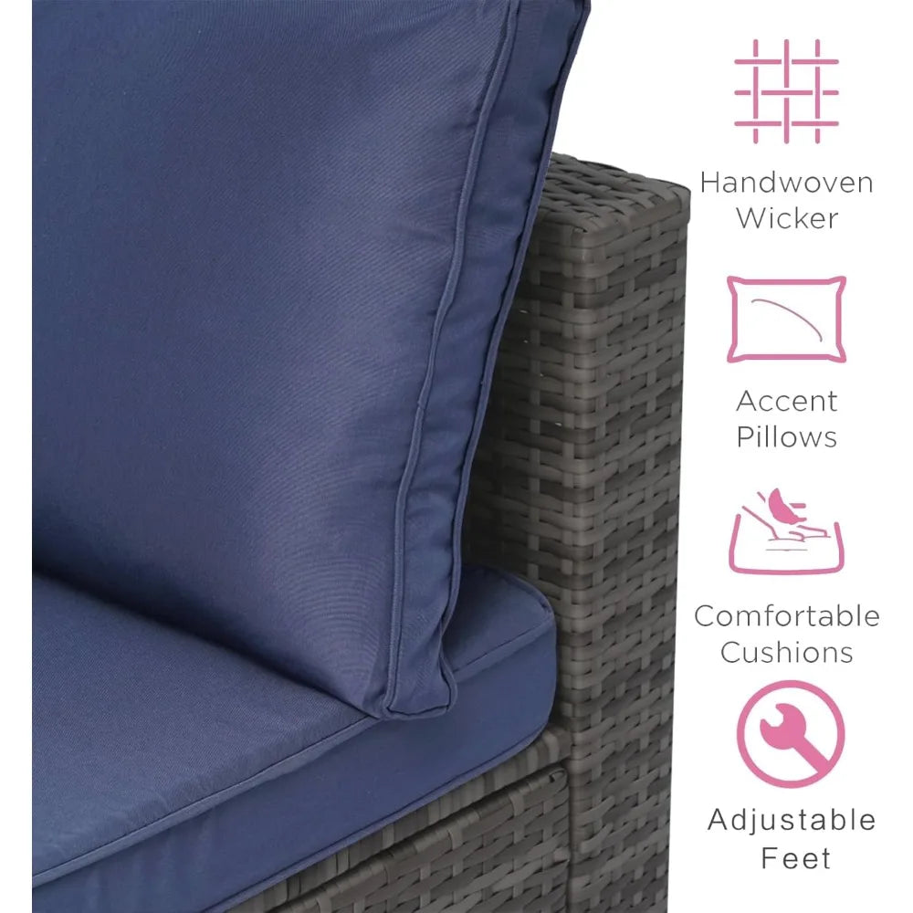 7-Piece Outdoor Rattan Sectional Sofa Set, Wicker Patio Furniture Sets with Navy Blue Cushions for Balcony, Porch, Backyard