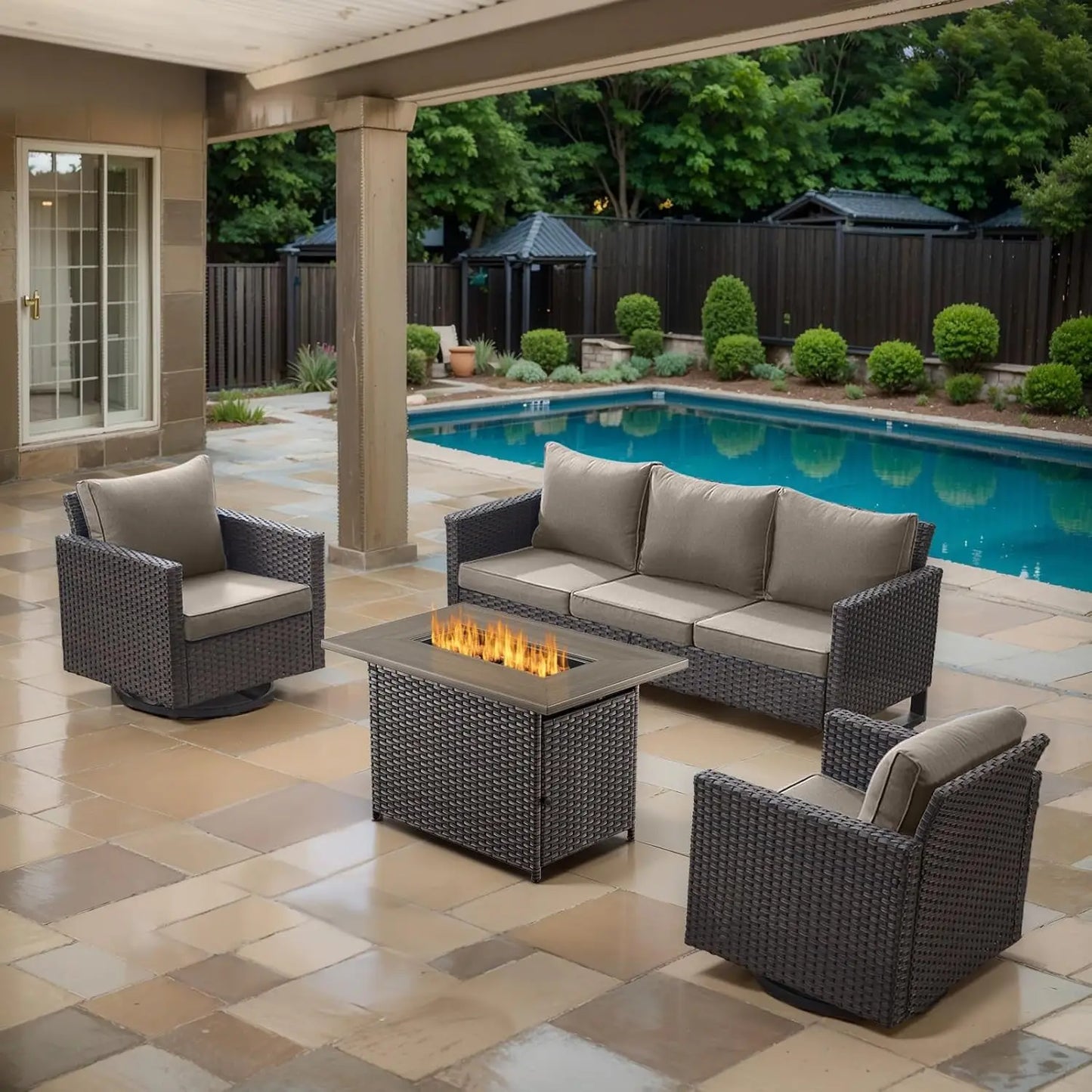 7 Piece Wicker Patio Furniture Set - Outdoor Swivel Rocker Chairs Set with Coffee Table, Side Table, 3 Seat Sofa & Ottomans, Sma