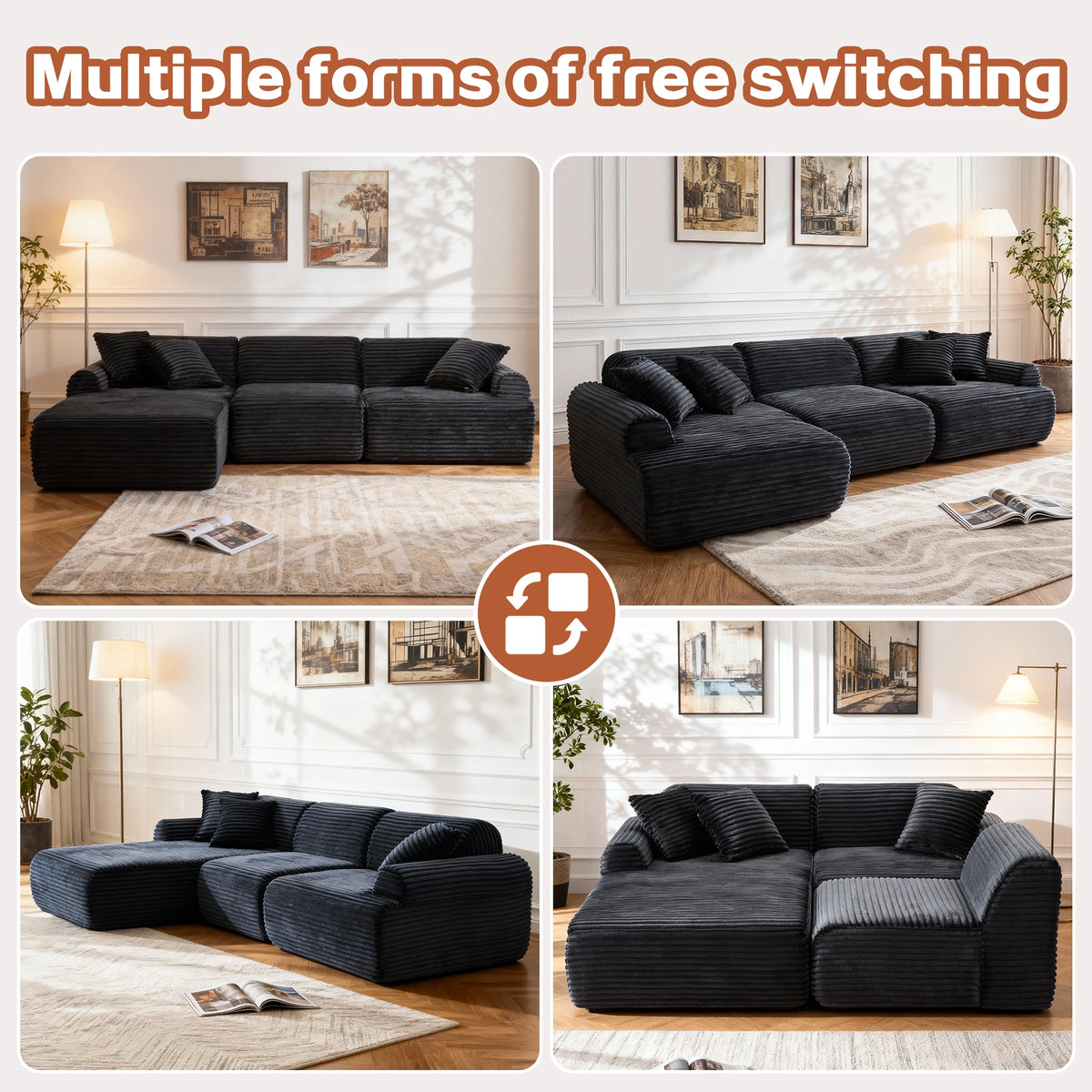 L-shaped oversized modular leather segmented sofa, leather deep seat modular corduroy sofa, suitable for families and big spaces