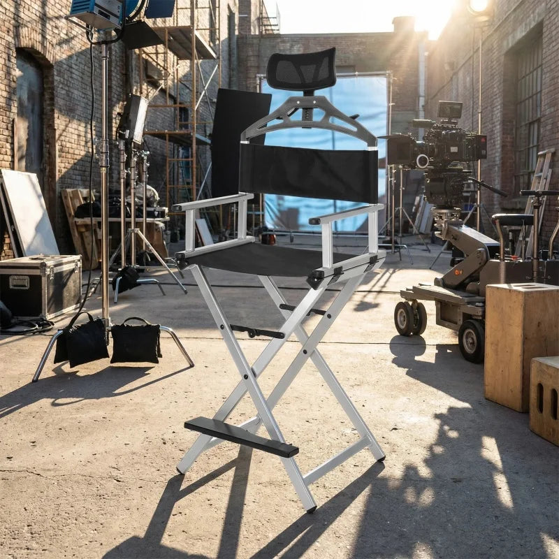 Modern Portable Aluminum Director Chair with Headrest - Portable Makeup Artist/Manager Folding Chair for Better Rest