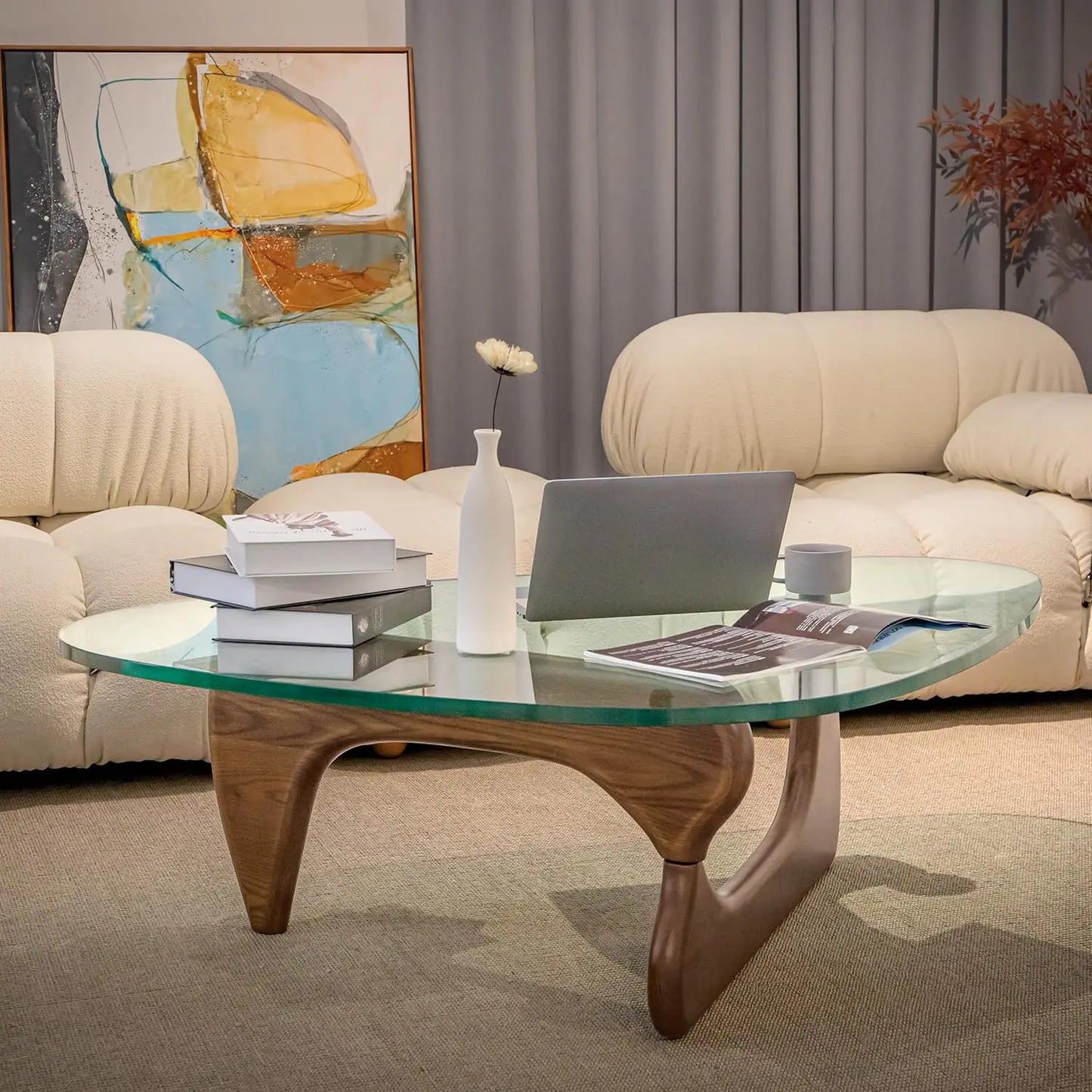 Table basse en verre triangulaire, base en bois massif, plateau transparent vintage, salon, patio, bureau, noyer clair, sur mesure