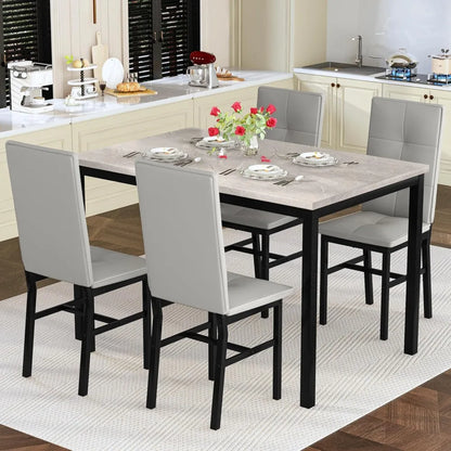 4-person Dining Table Set, Modern Artificial Marble Dining Table with 4 PU Leather Chairs, 5-piece Small Dining Table Set