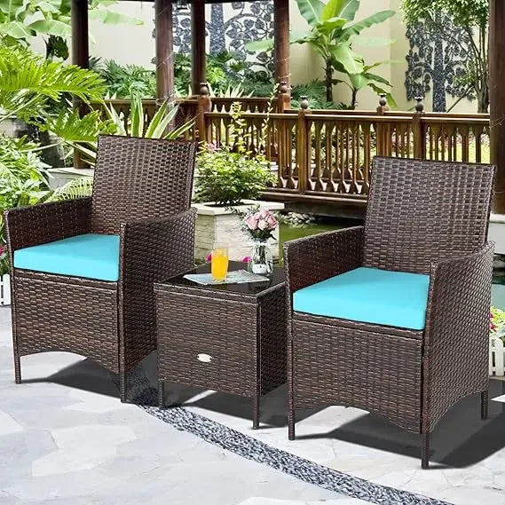 3 Pieces Patio Furniture Set, Wicker Outdoor Furniture with Water-Resistant Cushion & Tempered Glass Top Table, Conversation Set