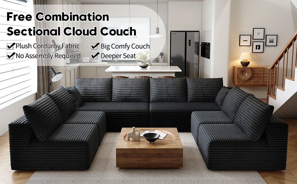Cloud-style sectional sofa, with corduroy cover, fluffy memory foam cushions, easily assembled, modular recliner, large sofa set