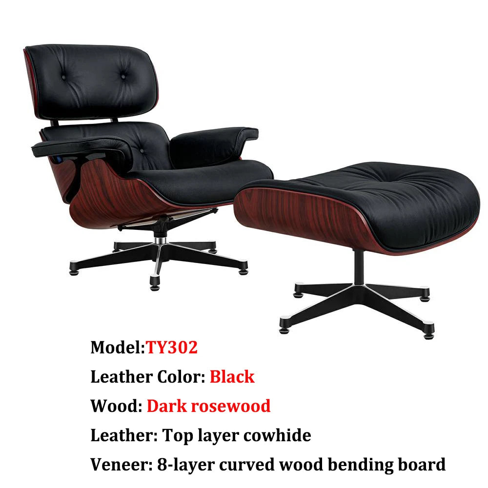 Replica Mid Century Tall Size Chaise Genuine Leather Lounge Chair With Ottoman Black Walnut and Palisander Living Room Chairs