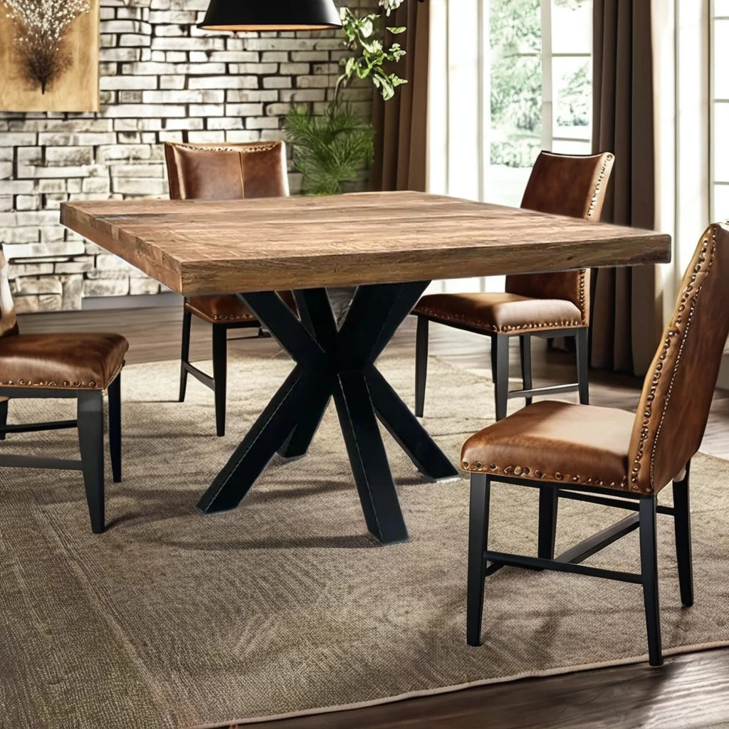 Hot-selling 150cm industrial style square dining table set solid wood metal steel design e****mical restaurant furniture