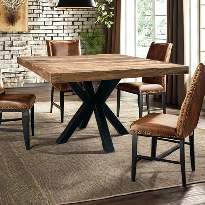 Hot-selling 150cm industrial style square dining table set solid wood metal steel design e****mical restaurant furniture