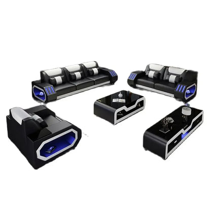 Leather Sofa Set with LED Light Living Room Furniture Couch Sofas Modernos Para Sala Grandes Sofás with USB Charging,Tabl