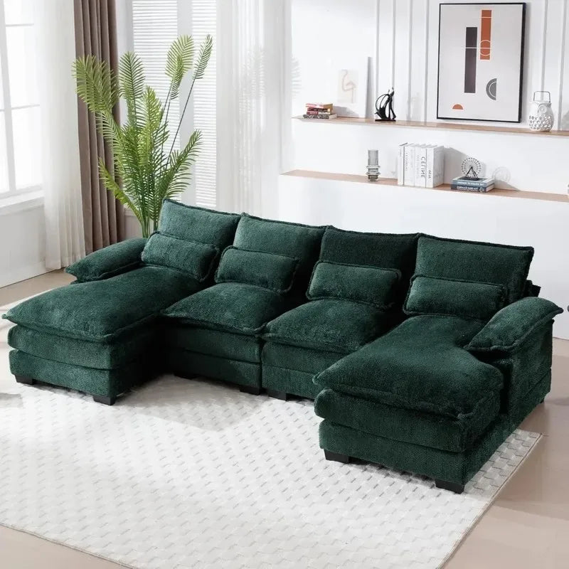 U-Shaped Sectional Sofa Couch, Modern Chenille, Comfy Modular Sleeper with Double Chaise, Memory Foam for Living Room