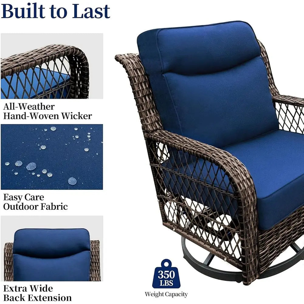 Patio Bistro Set 3 Piece Wicker Rocking Chairs Sets Outdoor Swivel Chair urniture Set with Rattan Side Table, 5" Thick Cushion G
