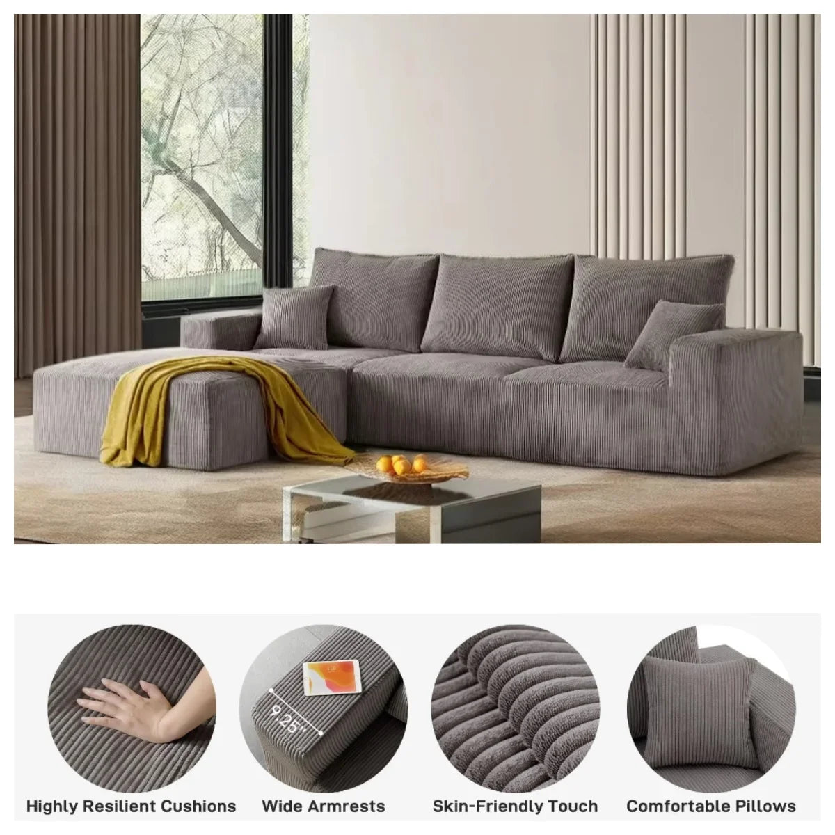 Modern Sectional Sleeper Sofa Bed 3-Seater Grey Lounge Couch Corduroy Convertible Sponge Compression Modular Sofas Chaise Home