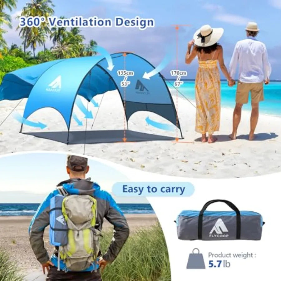 Beach Tent - Beach Shade Canopy Compact Fold 16.9x3.9″ Own Patent 360° Ventilation Large Side Storage Pocket UV Protection Port