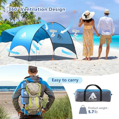 Beach Tent - Beach Shade Canopy Compact Fold 16.9x3.9″ Own Patent 360° Ventilation Large Side Storage Pocket UV Protection Port