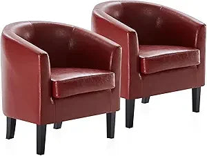 Living Room Chairs Set of 2, Faux Leather Round Accent Barrel Chairs, Club Tub Sofa Chairs for Bedroom, Corner Chairs with Flar