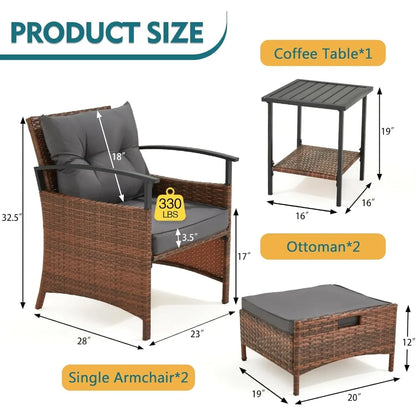 All-Weather 5-Piece PE Wicker Rattan Patio Furniture Set with Cushioned Chairs and Metal Coffee Table