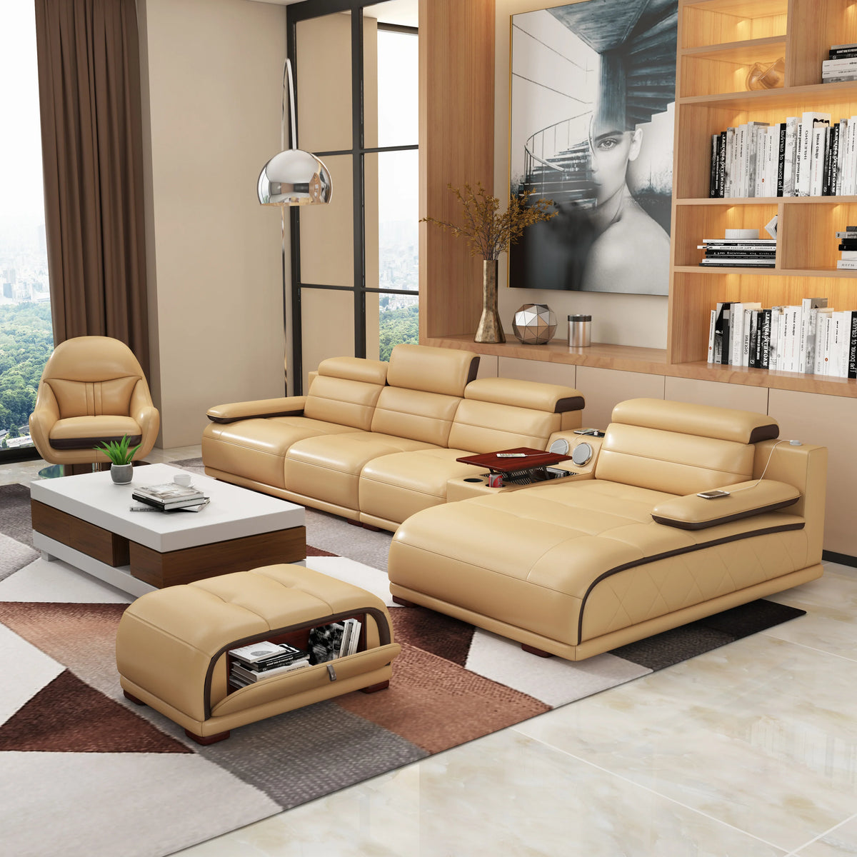 -Modern Living Home Furniture With Bluetooth Speaker L Shape Leather Sofa High Quality Living Room Sofa Combination