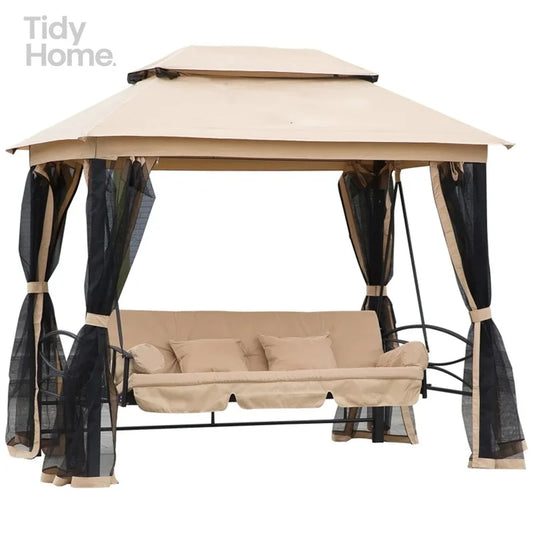 Outdoor Swing Chair with Double Canopy, Mesh Sidewalls, Cushioned Seating and Pillows for Patios and Gazebos