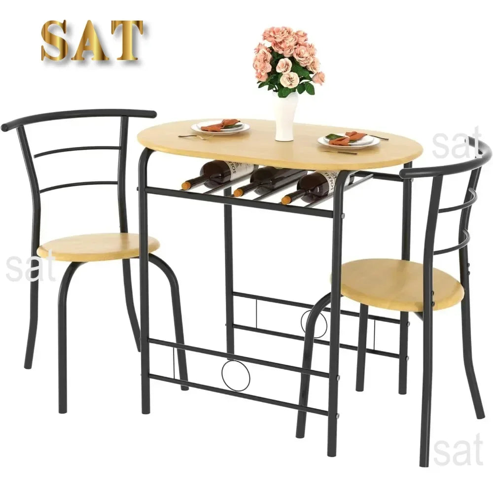 v 3 Piece Small Round Dining Table Set for Kitchen Breakfast Nook, Wood Grain Tabletop with Wine Storage Rack, Save Space, 31.