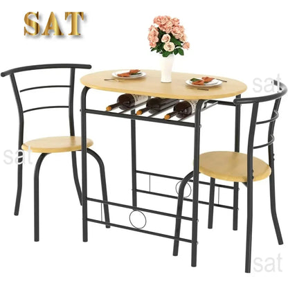 v 3 Piece Small Round Dining Table Set for Kitchen Breakfast Nook, Wood Grain Tabletop with Wine Storage Rack, Save Space, 31.
