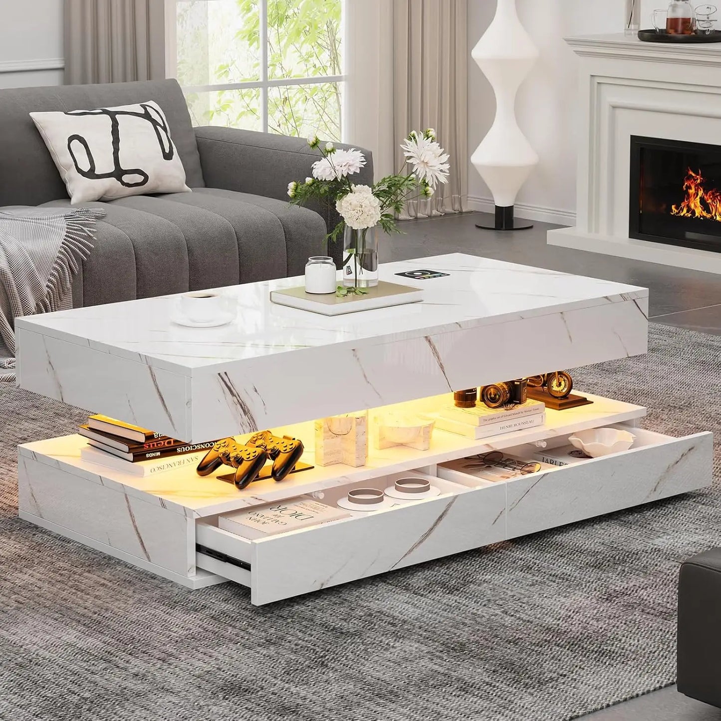 47" Modern LED Coffee Table with Lift Top, All Black Coffee Table with Storage High Gloss Surface, Hidden Storage with Drawer,