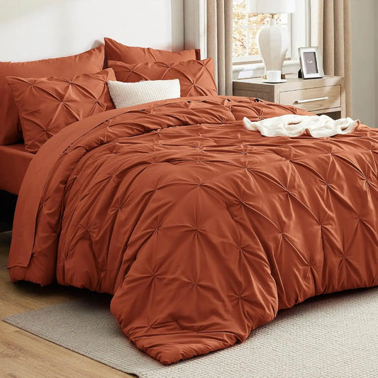 King Size Comforter Set Burnt Orange Bed in a Bag King Size 7 Pieces GentleSoft™ Pintuck Bed Set Gift for Family Pinch Pleat Bur