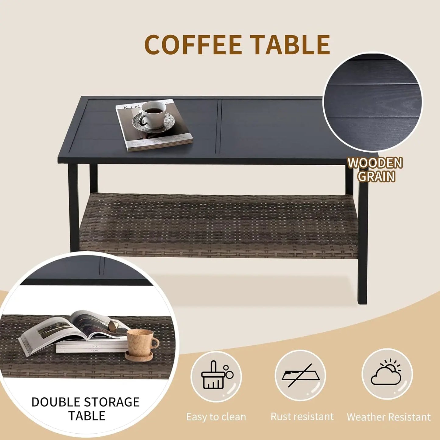 Outdoor Patio Furniture Set, Outdoor Conversation Set, Rattan Wicker Sofa, Loveseat, 2 Patio Chairs and Coffee Tabl