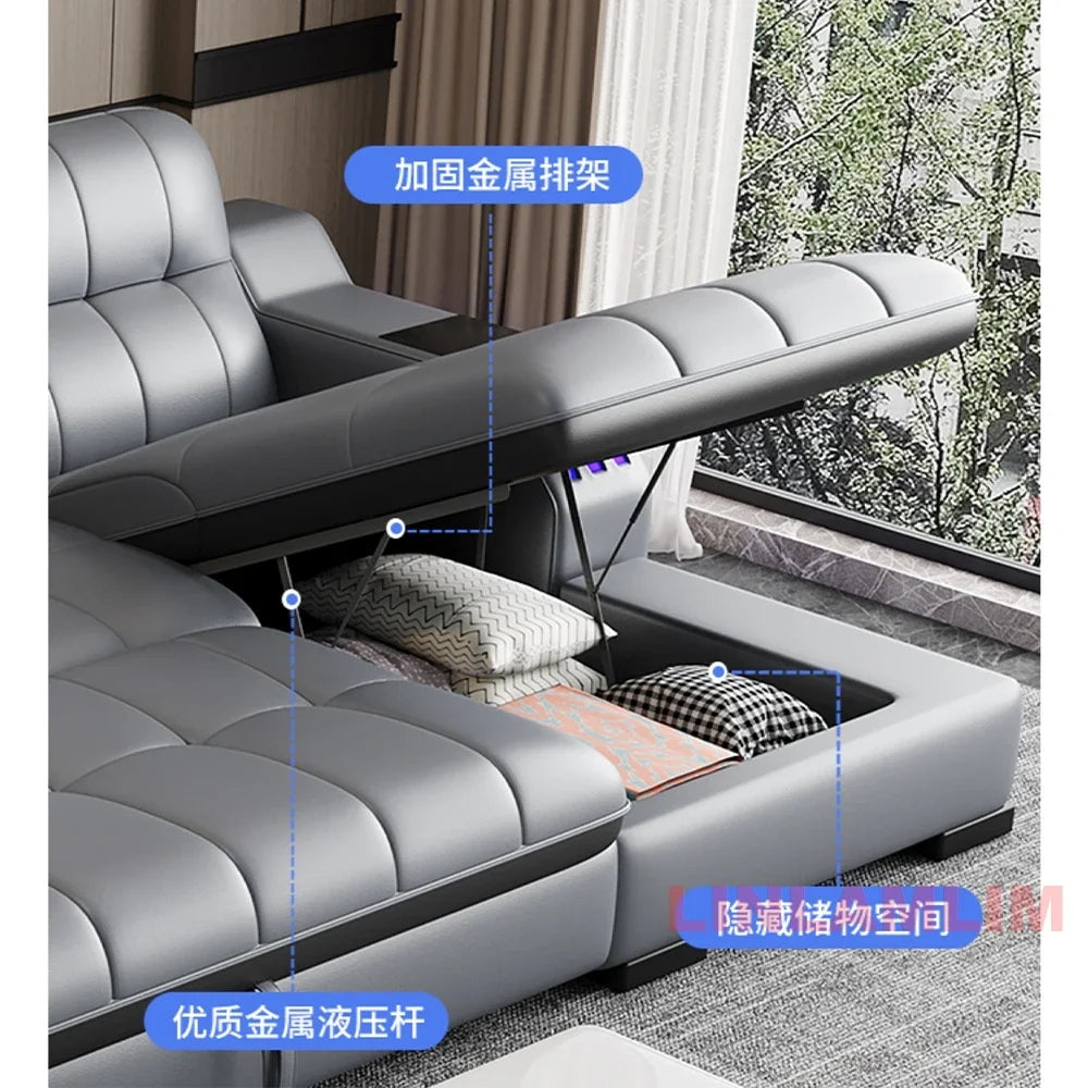 Modern Sectional Sofa Bed with LED Light, Electric Recliner and Massage | Living Room Genuine Leather Couch with Cup Holder, USB