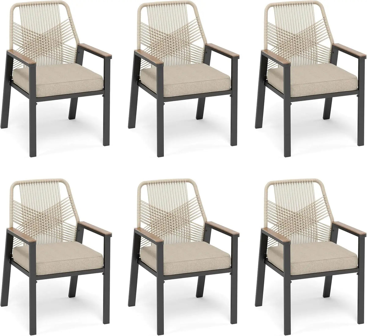 NEW Patio Dining Chairs Set of 6, All-Weather Woven Rattan Outdoor Chairs &Waterproof Cushion &Wrought Iron Frame