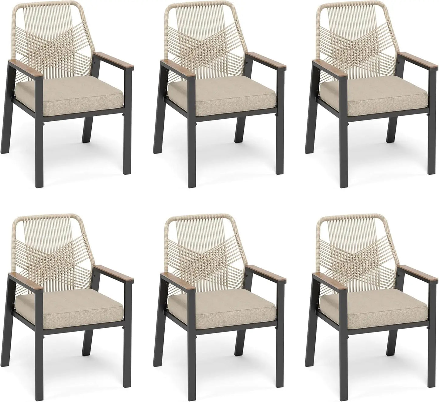 NEW Patio Dining Chairs Set of 6, All-Weather Woven Rattan Outdoor Chairs &Waterproof Cushion &Wrought Iron Frame