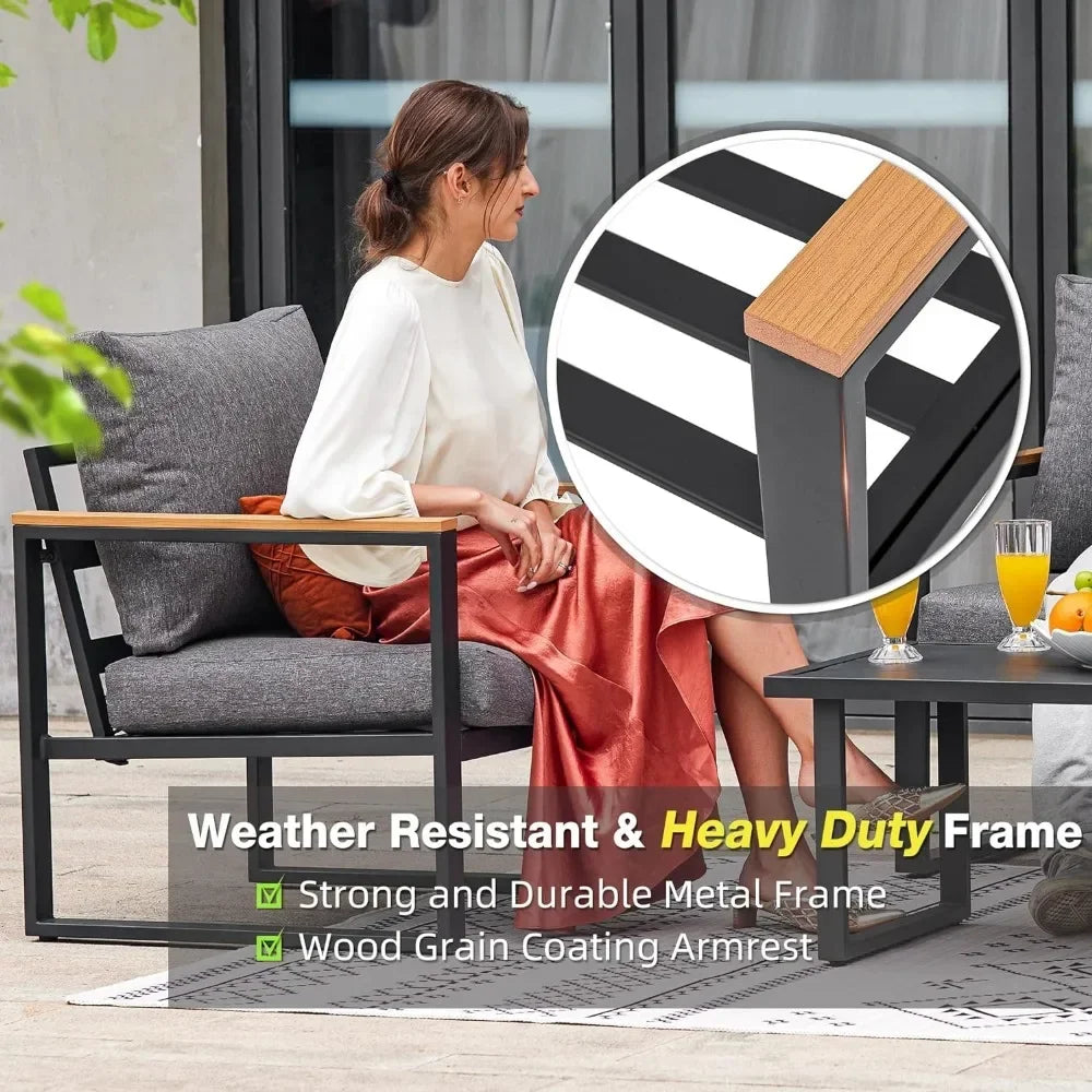 Patio Furniture Set, Metal Patio Conversation Sets with Removeble, High-Resiliency Sponge Cushions, Grey