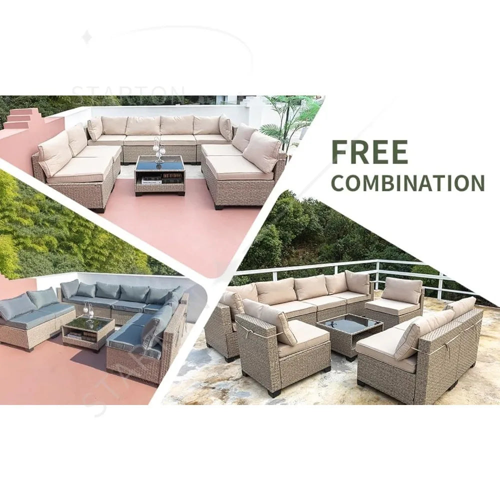 Outdoor Conversation Set Sectional Sofa with Water Resistant Beige Thick Cushions and Storage Table,9-Piece Patio Furniture Set