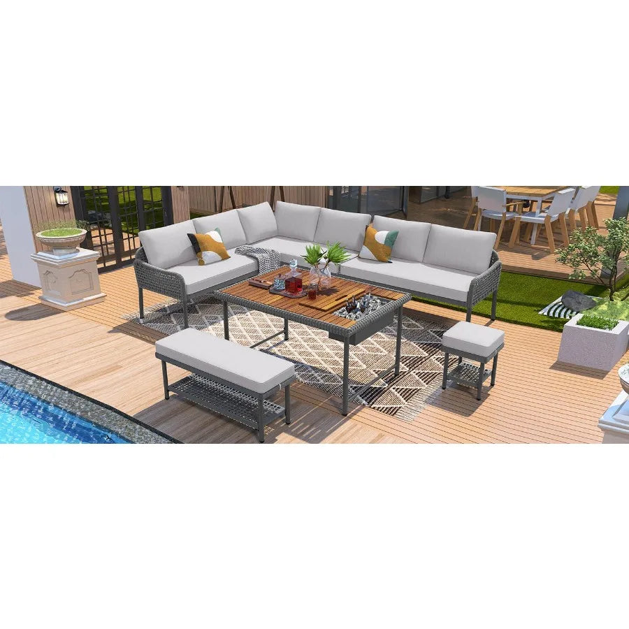 KK 6Piece Rope Patio Furniture LShaped Set Outdoor Sectional Sofa Set with Acacia Wood Table with Ice Box Rope Benches Rope Con