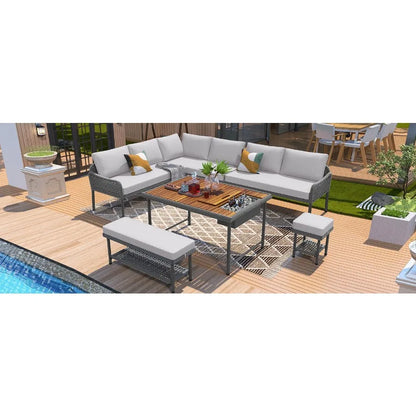 KK 6Piece Rope Patio Furniture LShaped Set Outdoor Sectional Sofa Set with Acacia Wood Table with Ice Box Rope Benches Rope Con