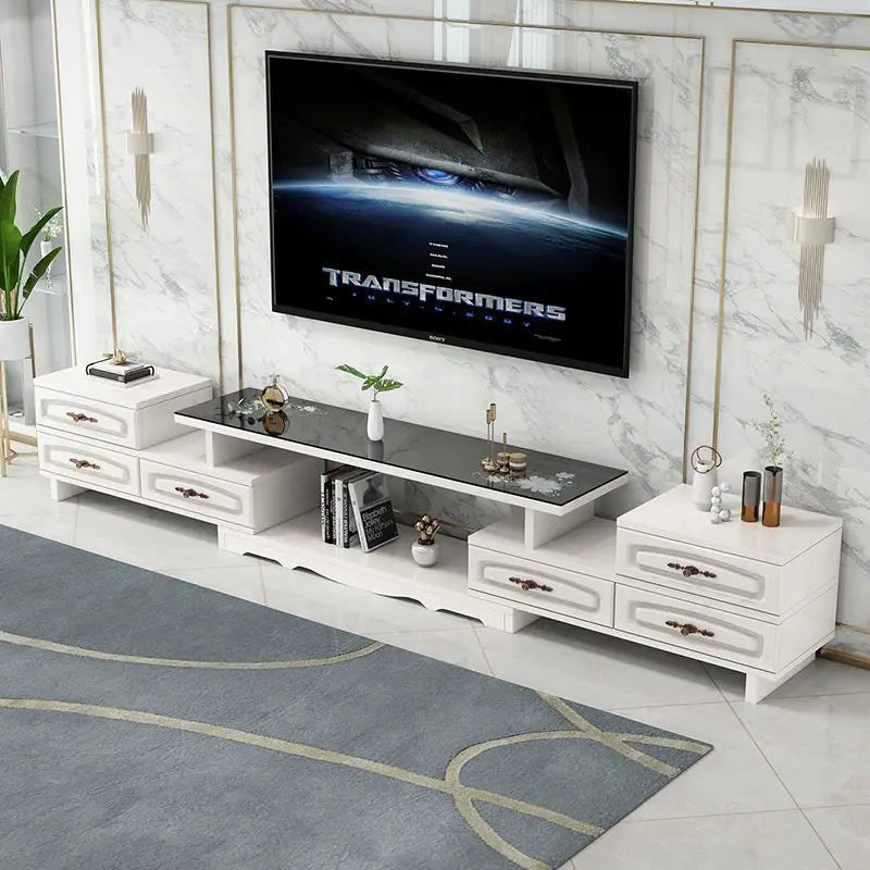 Modern & Minimalist Tempered Glass Expandable TV Stand & Coffee Table Set - European Style, Ideal for Small - Space Living Rooms