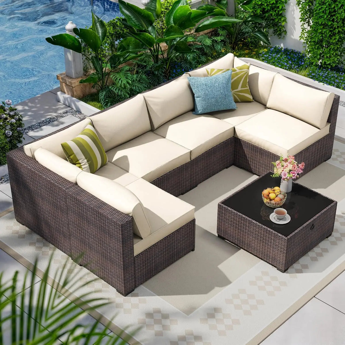 Seven Piece Patio Set, Rattan Wicker Sectional Sofa, Modern Modular Conversation Furniture