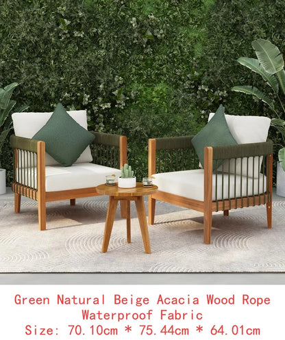 3-Pc Acacia Wood Outdoor Club Chair Set with Woven Rope Accents & Curved Backrest - Water-Resistant Boho Patio Lounger with