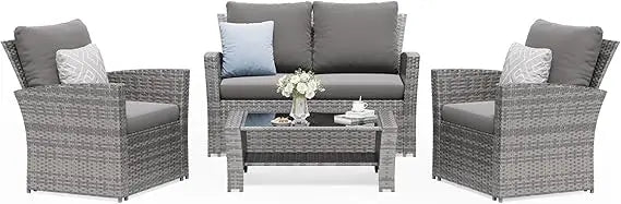 4-Piece Outdoor Wicker Patio Furniture Set, PE Rattan Sectional Sofa with Thick Cushions & Tempered Glass Table, Weather-Resist