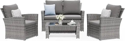 4-Piece Outdoor Wicker Patio Furniture Set, PE Rattan Sectional Sofa with Thick Cushions & Tempered Glass Table, Weather-Resist