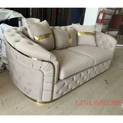 Luxury Chesterfield Sectional Sofa Set With Cloth Buttons And Fabric Modular Couch With Gold Stainless Steel Base, 3-seater